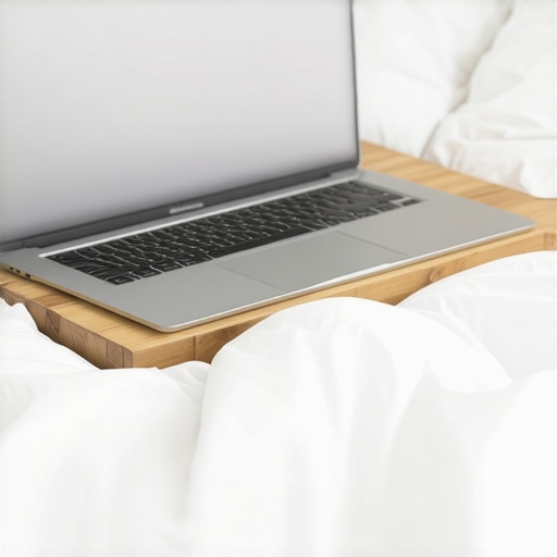 Portable lap desk for laptop bed use A wooden lap desk providing airflow for a laptop on a bed.