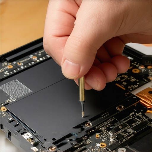 Hands using a screwdriver to open a laptop for hardware upgrades.