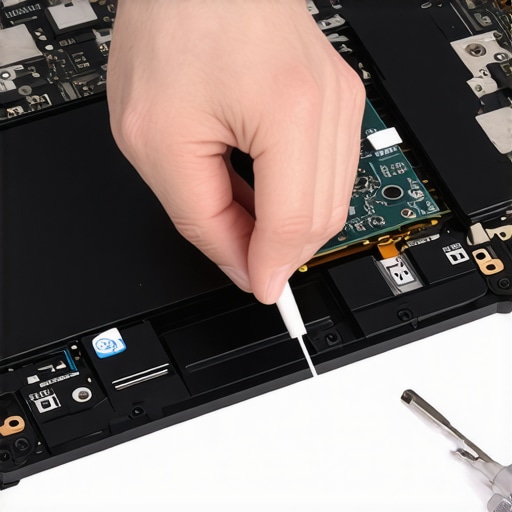 Using a plastic spudger to safely disconnect a laptop battery during a fan replacement.
