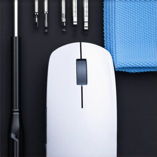 A precision screwdriver kit and cleaning tools laid out next to a professional wireless mouse for maintenance.