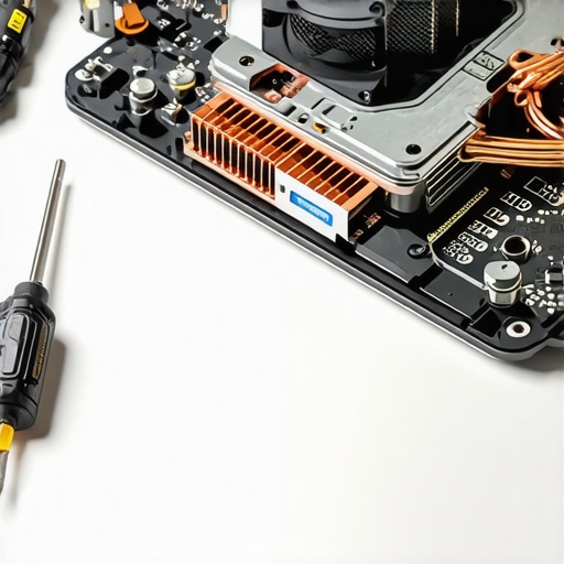Close up of precision screwdrivers and internal laptop cooling components