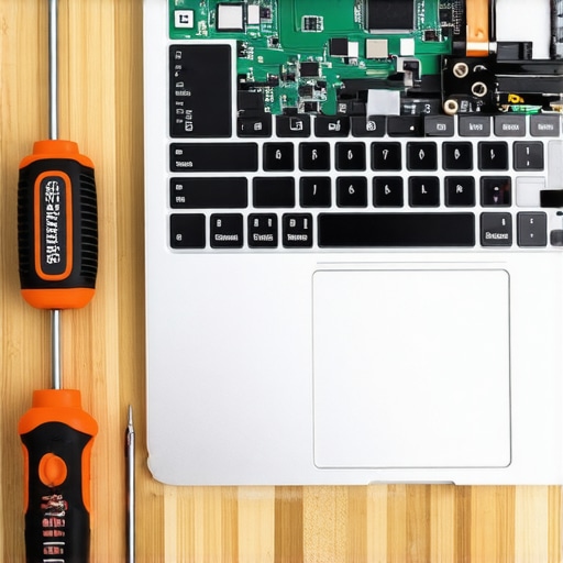 A laptop maintenance toolkit next to an open laptop showing internal fans and heat pipes