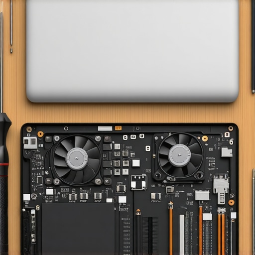 A toolkit and a disassembled laptop on a blue workbench.