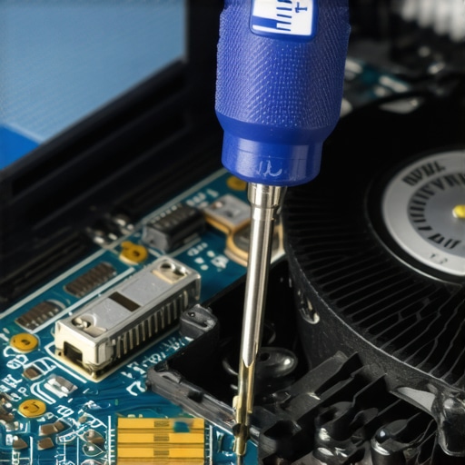 A technician using a precision screwdriver on a laptop motherboard fan