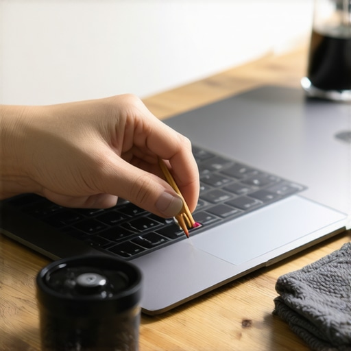 Close-up of cleaning a laptop trackpad perimeter gap using a wooden toothpick