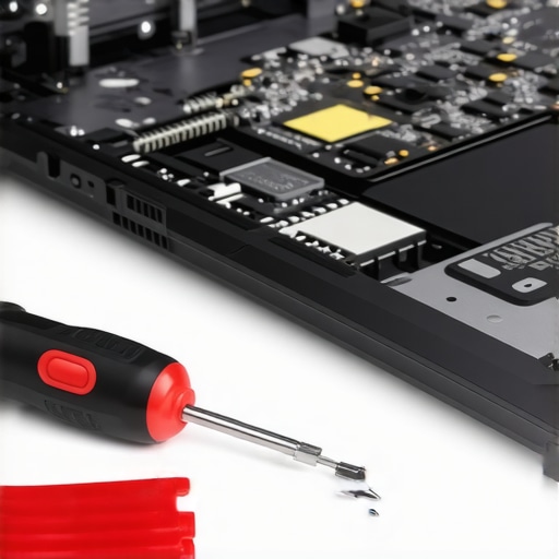 Precision tools for laptop battery replacement A precision screwdriver kit used for opening a laptop to replace a modular battery.