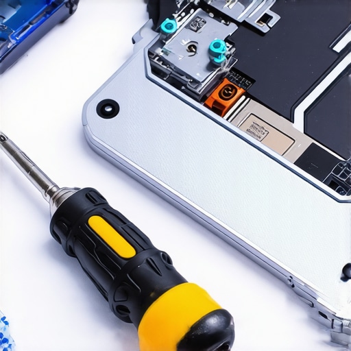 A technician using a precision screwdriver and blue threadlocker on a laptop hinge
