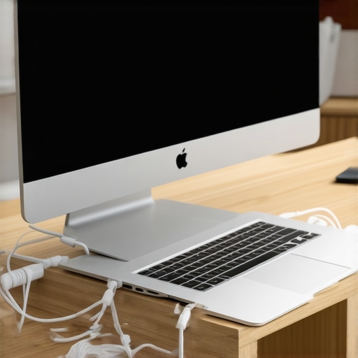 An organized vertical laptop dock showing clean cable routing on a modern office desk.