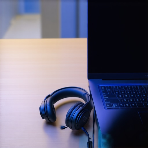 Premium Gaming Headset Maintenance A premium gaming headset resting on a modern desk next to a gaming laptop