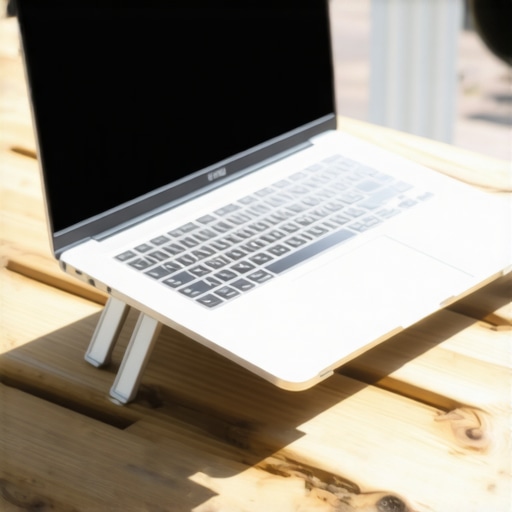 Premium Laptop Stand for Outdoor Ergonomics and Cooling A laptop on an aluminum stand on an outdoor patio table to maximize cooling and viewing angles.