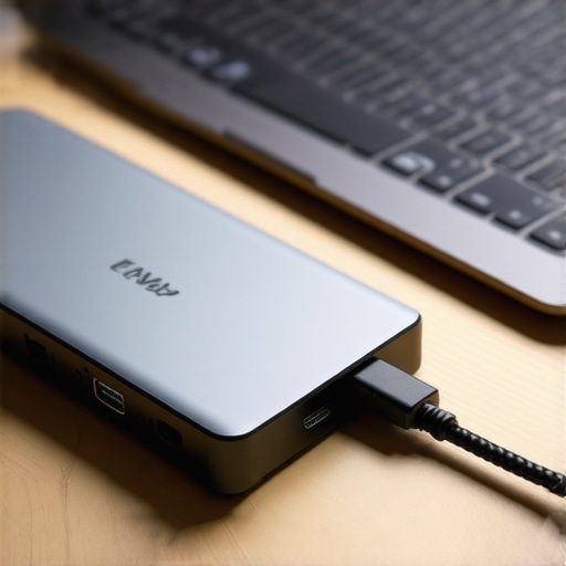 An external USB-C digital-to-analog converter sitting next to a laptop on a wooden desk