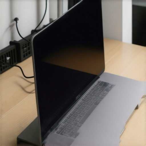 An adjustable aluminum vertical laptop stand holding a closed laptop on a clean desk with neat cable routing.