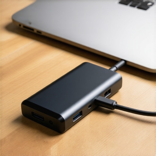 An aluminum USB-C hub connected to a business laptop showing effective heat dissipation design