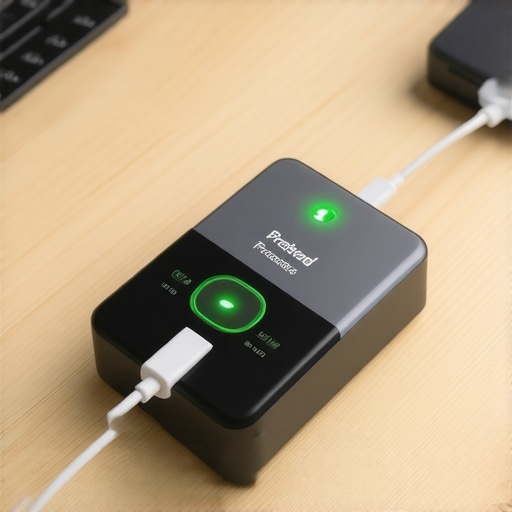 Premium surge protector with active protection indicator light A high-quality surge protector plugged into a wall outlet with indicator lights on
