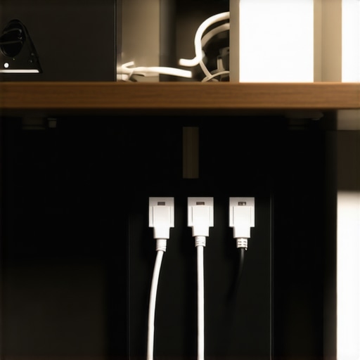 Premium under-desk cable management and surge protector setup An organized under-desk surge protector with labeled cables for tech safety
