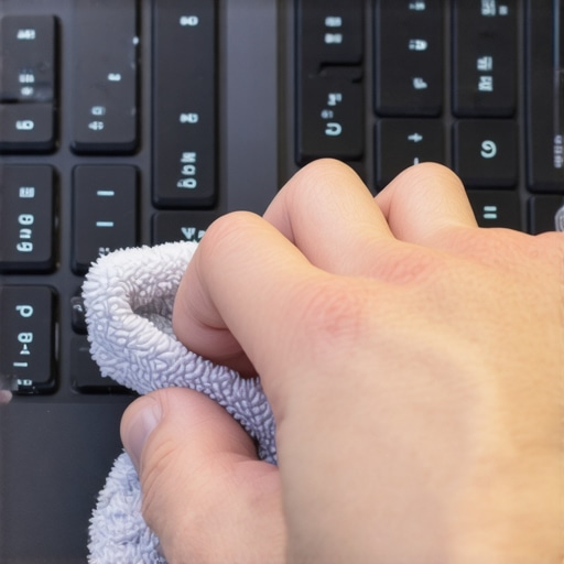 Pro Tip for Removing Laptop Key Grease Close-up of cleaning laptop keys with isopropyl alcohol and microfiber cloth
