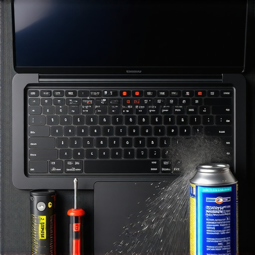 Using a precision toolkit and compressed air to clean a laptop cooling fan and heat sink.