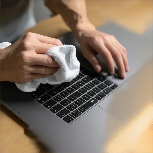 Person cleaning a laptop keyboard and vents with microfiber cloth and isopropyl alcohol