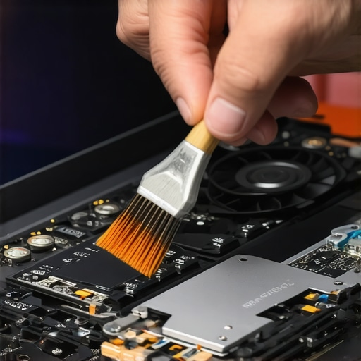 Technician cleaning dust from laptop cooling fans and heat pipes