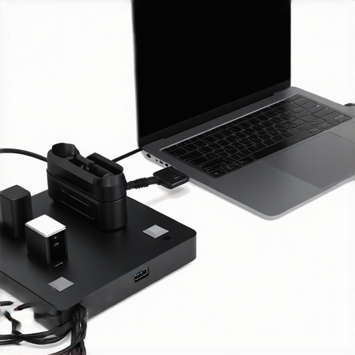 Close up of a professional laptop docking station setup showing high-quality USB-C connections.