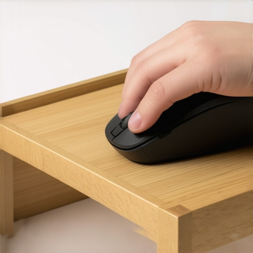 Close-up of a hand using an ergonomic mouse on a tray table illustrating proper wrist support for productivity.
