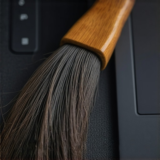 Close-up of a horsehair brush cleaning a fabric laptop palm rest