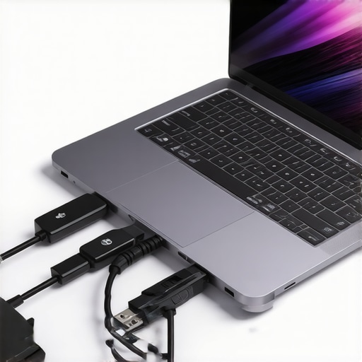 Close-up of a professional laptop connected to a high-quality USB-C hub with organized cables.