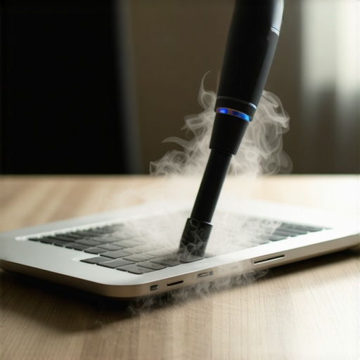Professional Laptop Dust Maintenance An electric duster being used to clean laptop vents to prevent overheating.
