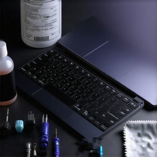 A precision toolkit and cleaning supplies used for maintaining a professional business laptop.