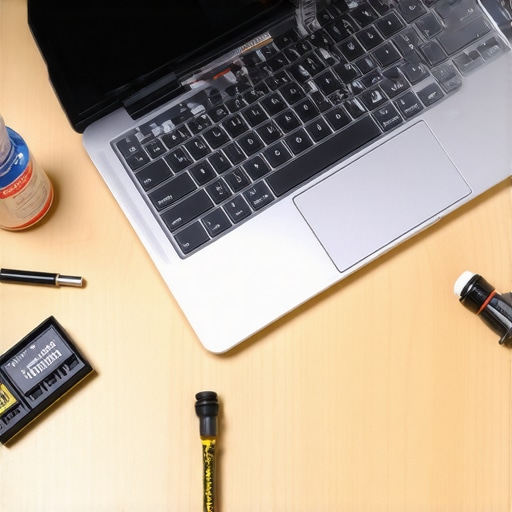 A precision toolkit and cleaning supplies laid out next to a disassembled business laptop for maintenance.