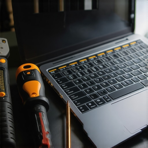 Precision screwdriver kit and open laptop showing cooling system