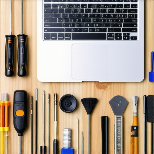 Professional Laptop Maintenance Tools Close-up of a precision screwdriver kit and vertical laptop dock on a desk