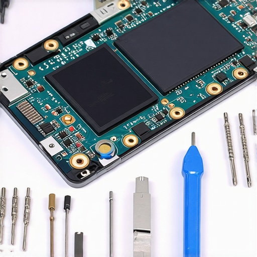 A precision screwdriver kit next to an open laptop showing the SSD installation area.