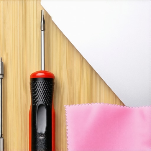 A precision toolkit and cleaning cloth next to a high-end laptop for maintenance.