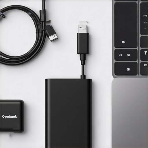 Professional Laptop Maintenance and Accessories Setup An organized desk with a laptop, power bank, and labeled cables showing good tech maintenance habits.