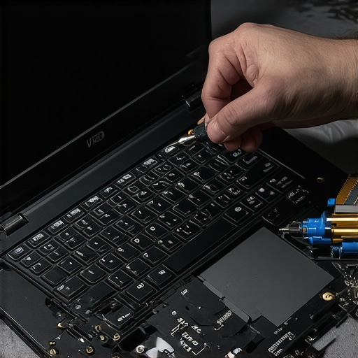 Professional Laptop Maintenance and Cleaning A person cleaning a gaming laptop's internal cooling system with precision tools.