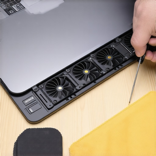 Professional Laptop Maintenance and Cleaning Tools A technician cleaning a laptop fan with precision tools and a microfiber cloth to improve thermal performance.