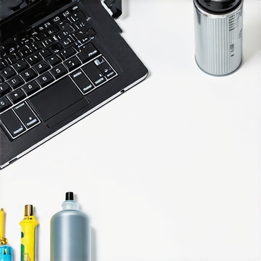 High-end laptop next to professional cleaning tools and maintenance kit on a desk.
