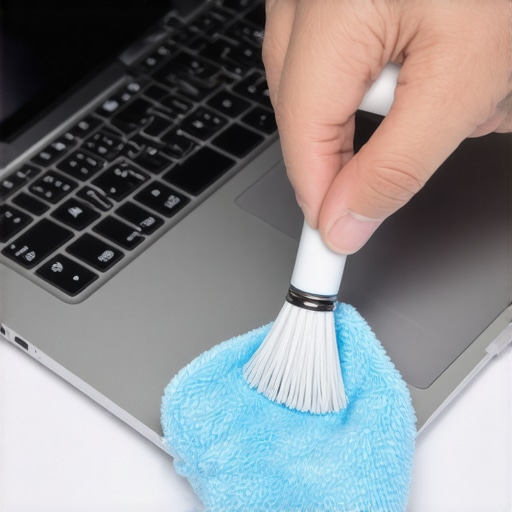 A person cleaning a laptop keyboard at a tidy desk to maintain hardware longevity.