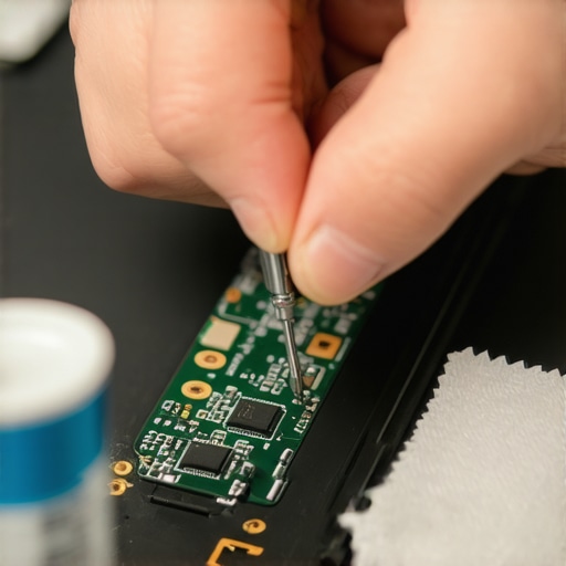 Hands using a precision screwdriver to maintain a laptop motherboard and hinge assembly