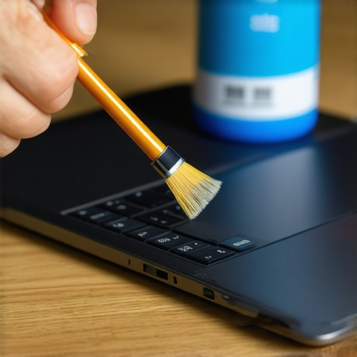Macro view of cleaning a laptop charging port with a brush and isopropyl alcohol.