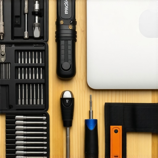 Professional Laptop Repair Toolkit and Maintenance Setup Close-up of a laptop repair kit including screwdrivers and anti-static gear on a workbench.