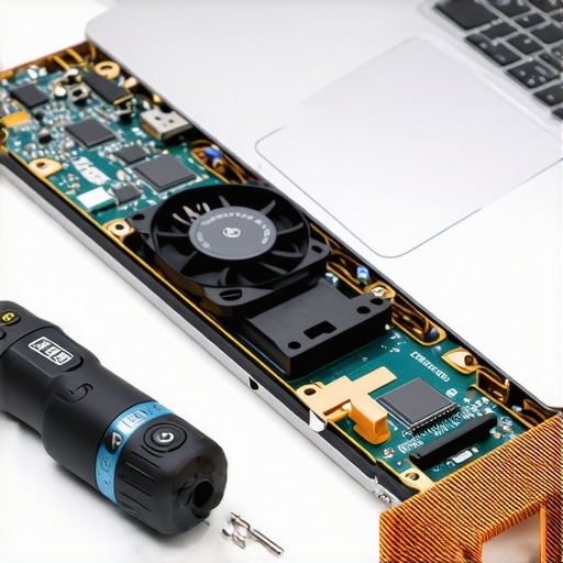 A precision screwdriver kit and the internal cooling system of a modern laptop.