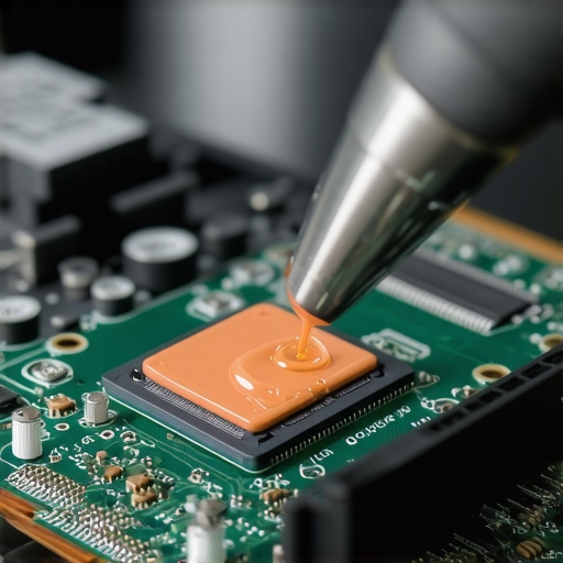 Professional Laptop Thermal Paste Application A technician applying premium thermal paste to a laptop processor to improve cooling performance.