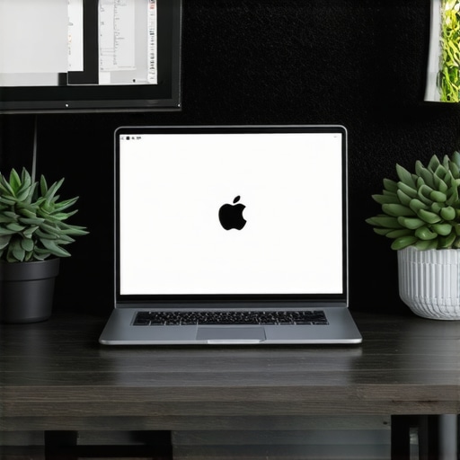 A clean and professional laptop workstation without RGB lighting, featuring a vertical dock and matte monitor.