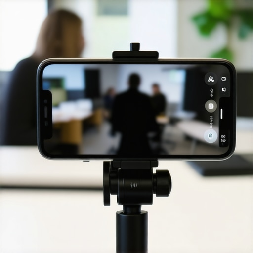 Close up of a smartphone mounted as a professional webcam on a laptop screen