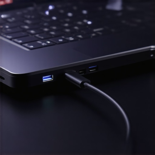 Close-up of a high-quality USB-C docking station cable plugged into a laptop port