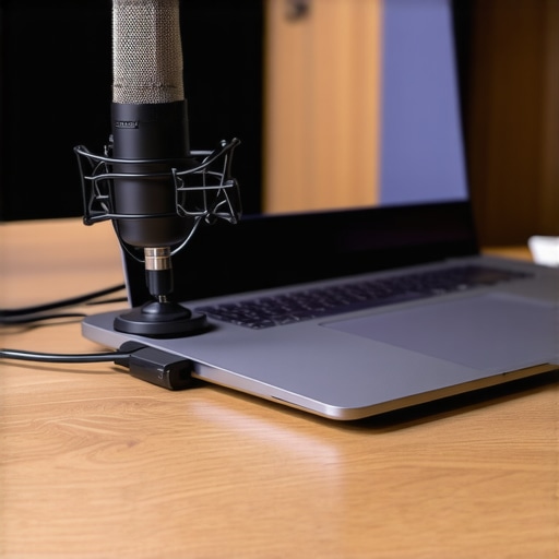 Professional USB-C Docking Setup for Audio A professional workspace showing a laptop and microphone connected via a high-quality USB-C hub to prevent audio interference.