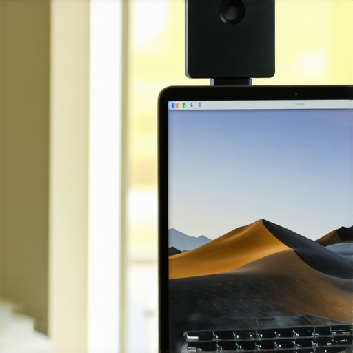 An external webcam with a physical privacy slider mounted on top of a laptop screen.