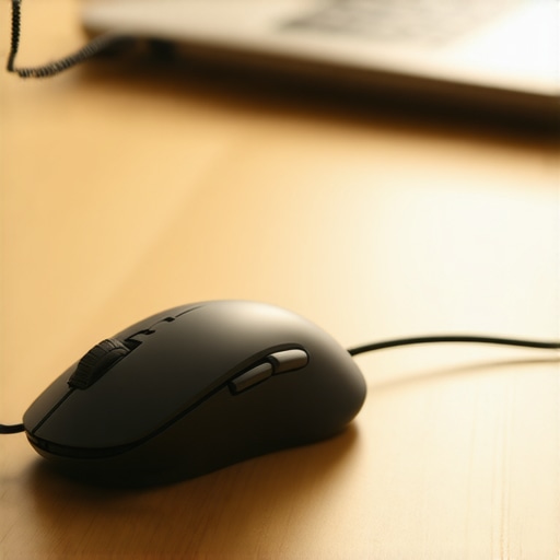 A wired mouse connected to a mouse bungee on a clean wooden desk setup.